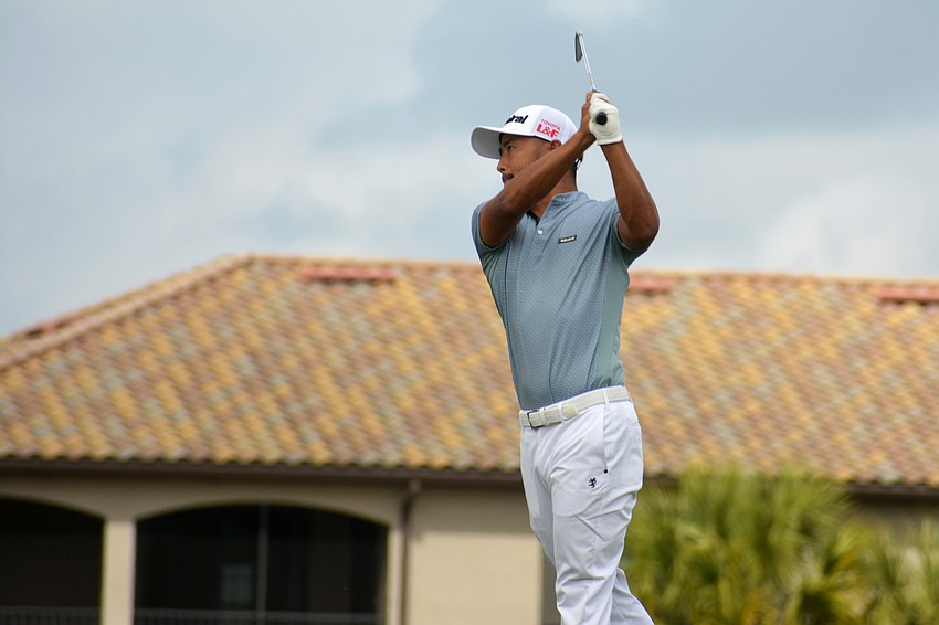 Satoshi Kodaira hits his second shot on the No. 1 hole on the second day of the 2022 LECOM Suncoast Classic, held at Lakewood National Golf Club.