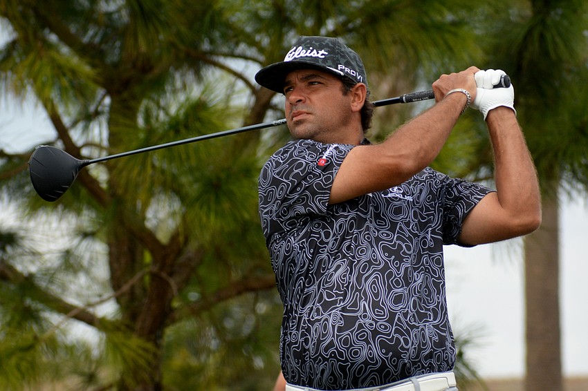 Rafael Campos tees off on the No. 1 hole on the second day of the 2022 LECOM Suncoast Classic, held at Lakewood National Golf Club.