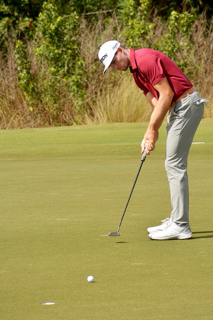 Brandon Matthews putts on the No. 16 hole on the second day of the 2022 LECOM Suncoast Classic, held at Lakewood National Golf Club.