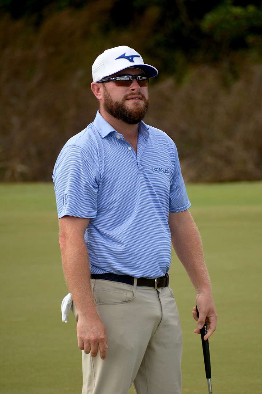 Erik Barnes stares in disbelief after missing a putt on the No. 16 hole on the second day of the 2022 LECOM Suncoast Classic, held at Lakewood National Golf Club.