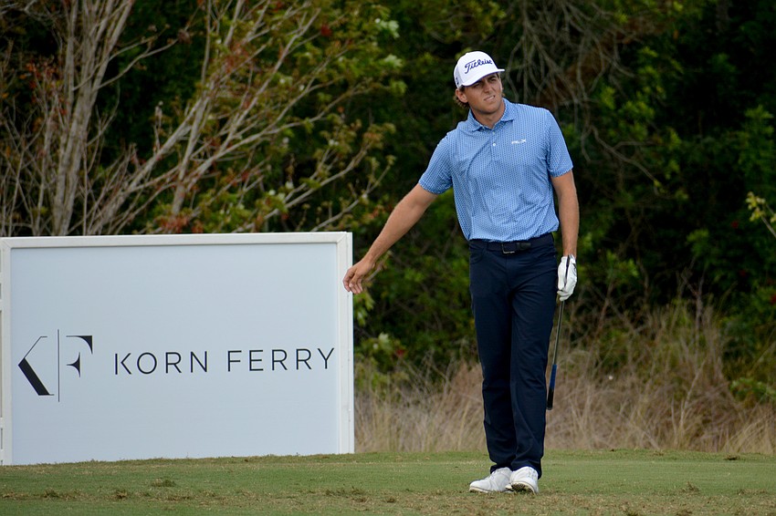 Steven Dilisio motions for his tee shot to veer to his right on the No. 17 hole on the second day of the 2022 LECOM Suncoast Classic, held at Lakewood National Golf Club.