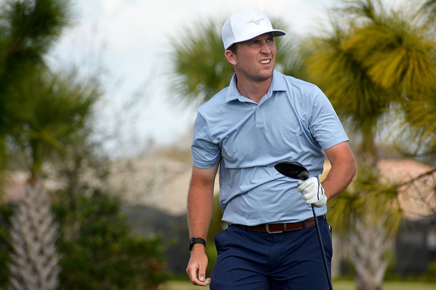 Steven Fisk watches his tee shot on the No. 18 hole on the second day of the 2022 LECOM Suncoast Classic, held at Lakewood National Golf Club.