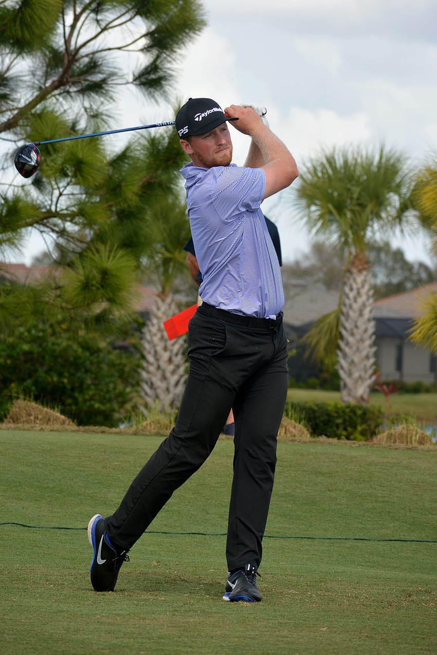Pontus Nyholm his his tee shot on the No. 18 hole on the second day of the 2022 LECOM Suncoast Classic, held at Lakewood National Golf Club.