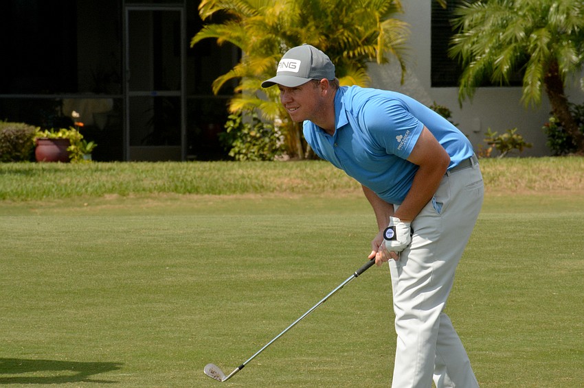M.J. Daffue watches his third shot on the No. 8 hole with interest during round three of the 2022 LECOM Suncoast Classic at Lakewood National Golf Club.