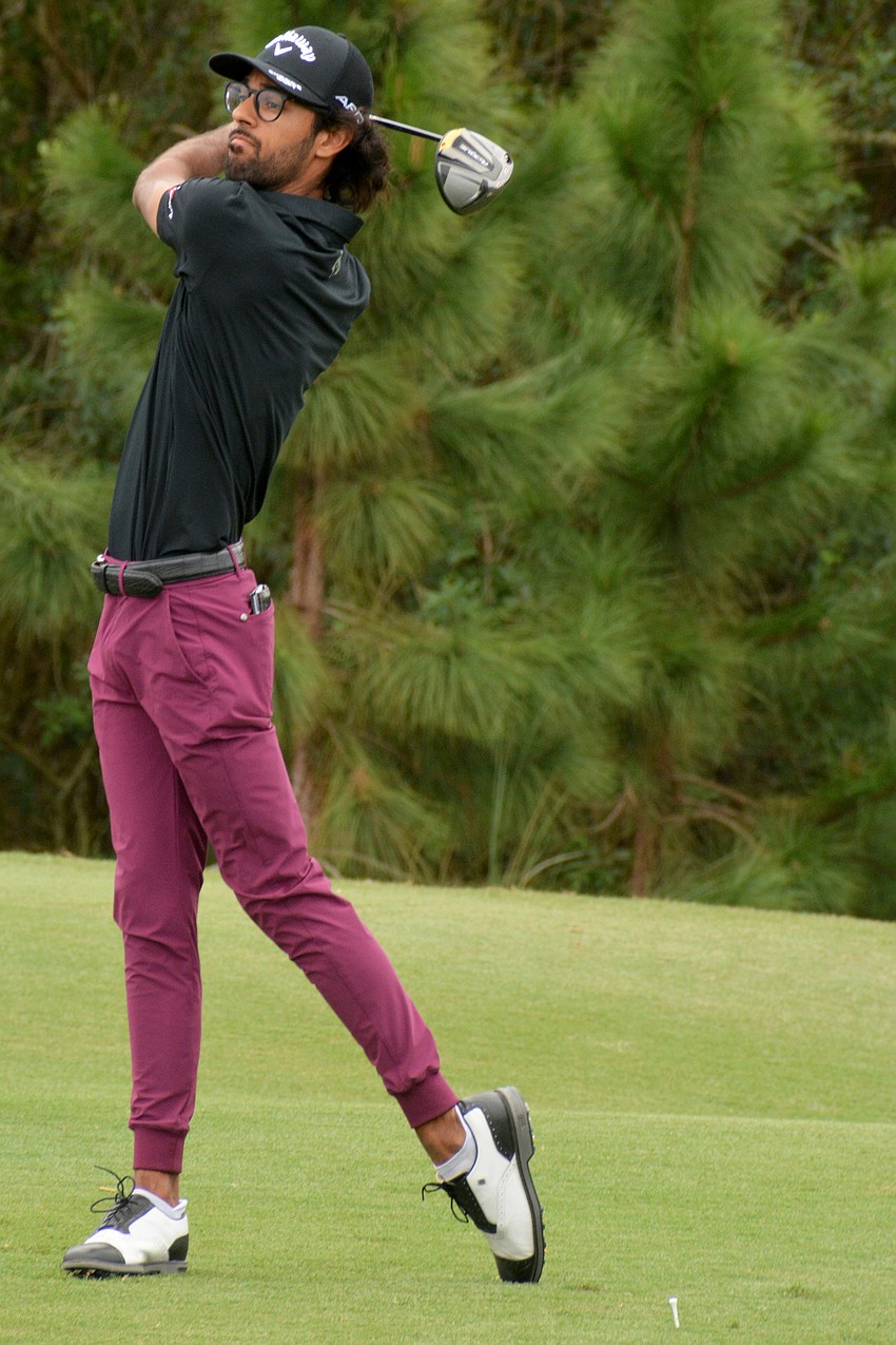 Akshay Bhatia tees off on the No. 9 hole during round three of the 2022 LECOM Suncoast Classic at Lakewood National Golf Club.