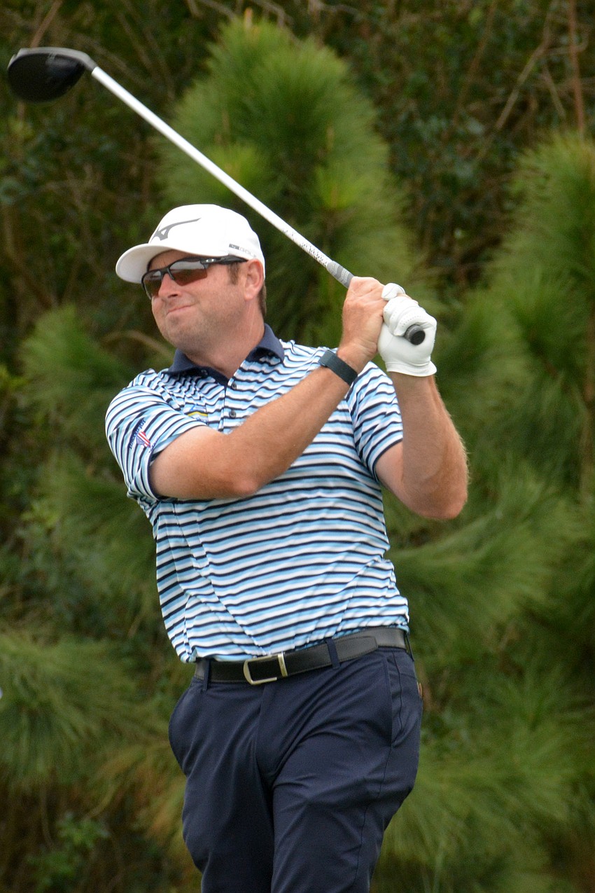 Dan McCarthy tees off on the No. 9 hole during round three of the 2022 LECOM Suncoast Classic at Lakewood National Golf Club.