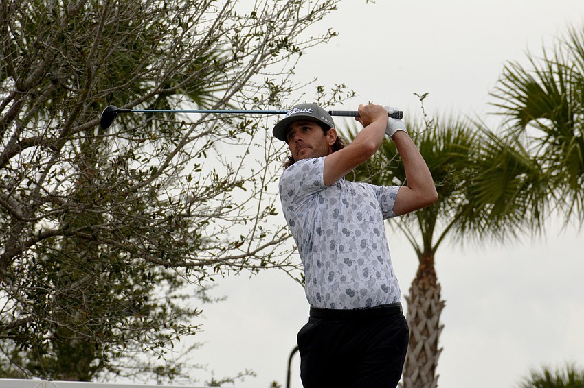 Callum Tarren tees off on the No. 1 hole during round three of the 2022 LECOM Suncoast Classic at Lakewood National Golf Club.
