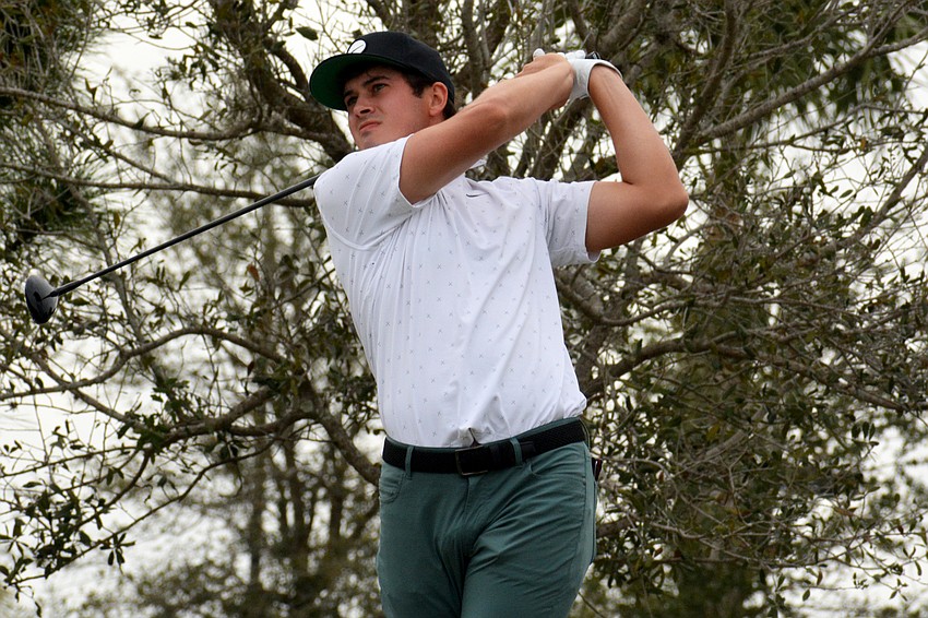 Davis Thompson tees off on the No. 1 hole during round three of the 2022 LECOM Suncoast Classic at Lakewood National Golf Club.