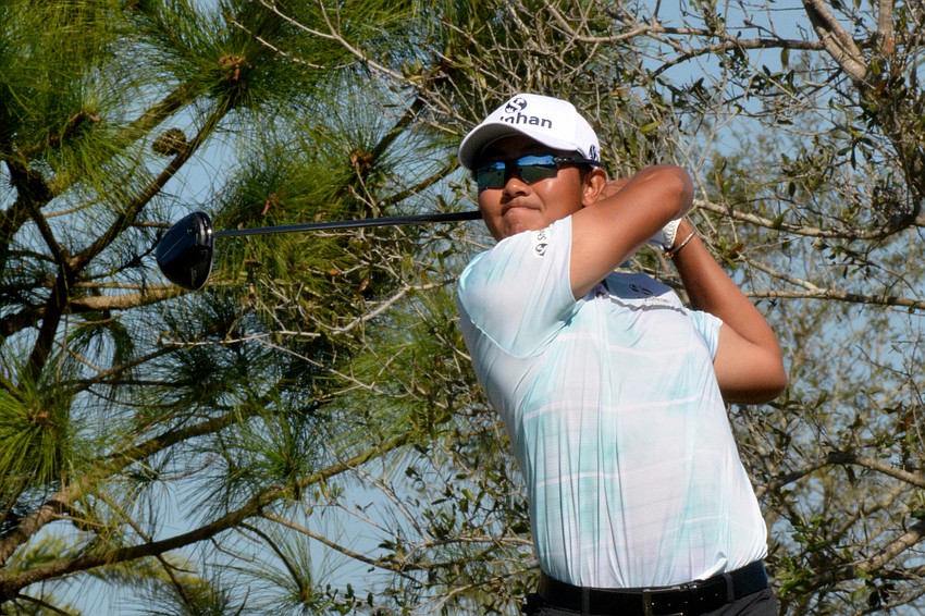 Seonghyeon Kim tees off on the No. 1 hole during the final round of the 2022 LECOM Suncoast Classic at Lakewood National Golf Club.