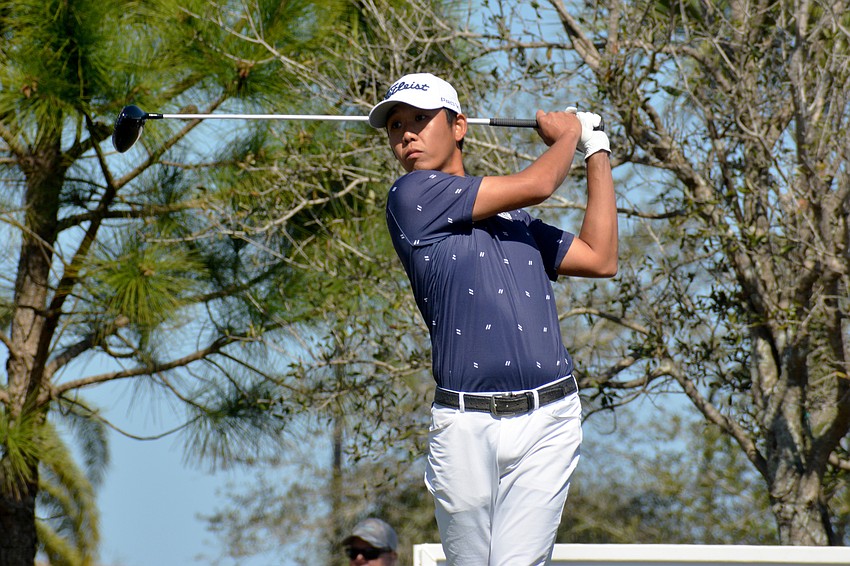 Albin Choi tees off on the No. 1 hole during the final round of the 2022 LECOM Suncoast Classic at Lakewood National Golf Club.