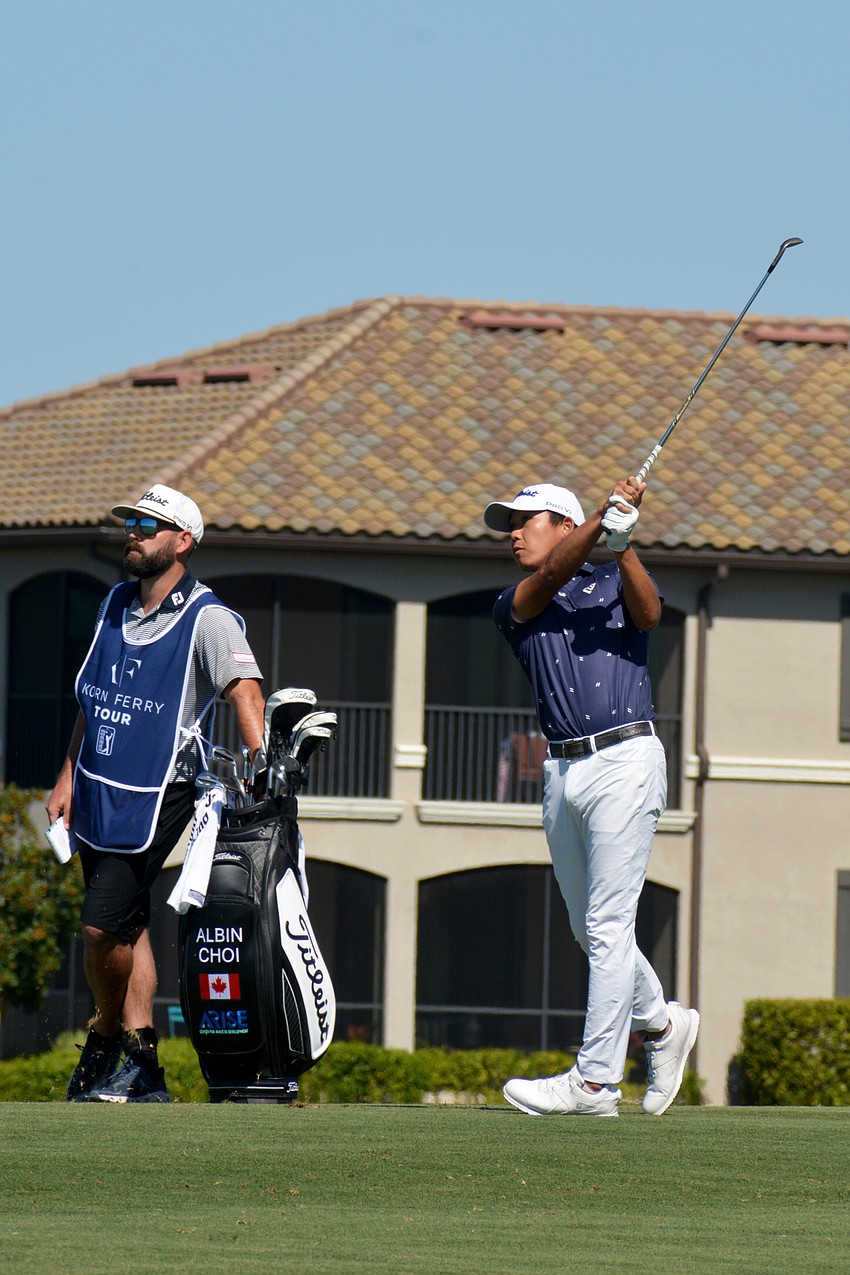 Albin Choi hits his second shot on the No. 1 hole during the final round of the 2022 LECOM Suncoast Classic at Lakewood National Golf Club.