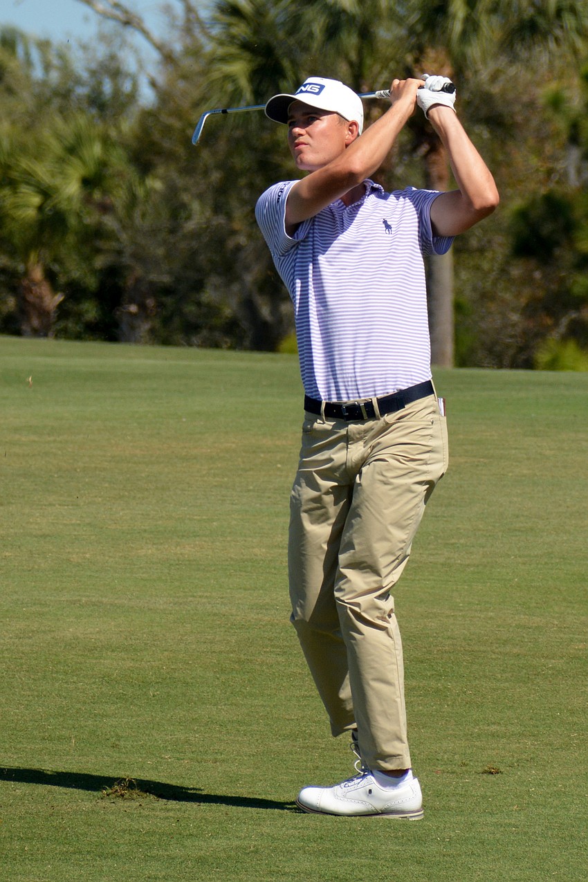 Trevor Werbylo hits his second shot on the No. 1 hole during the final round of the 2022 LECOM Suncoast Classic at Lakewood National Golf Club.