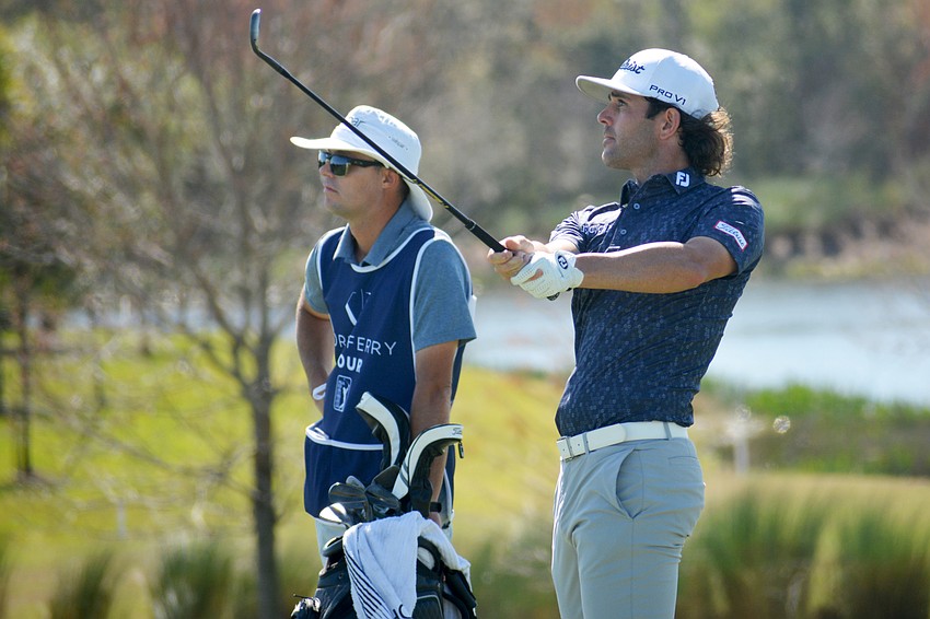 Callum Tarren watches his second shot on the No. 9 hole during the final round of the 2022 LECOM Suncoast Classic at Lakewood National Golf Club.
