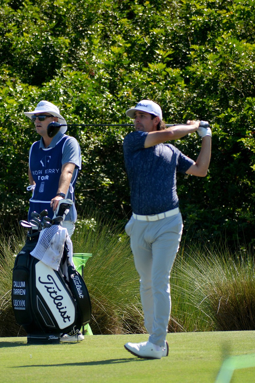 Callum Tarren tees off on the No. 9 hole during the final round of the 2022 LECOM Suncoast Classic at Lakewood National Golf Club.