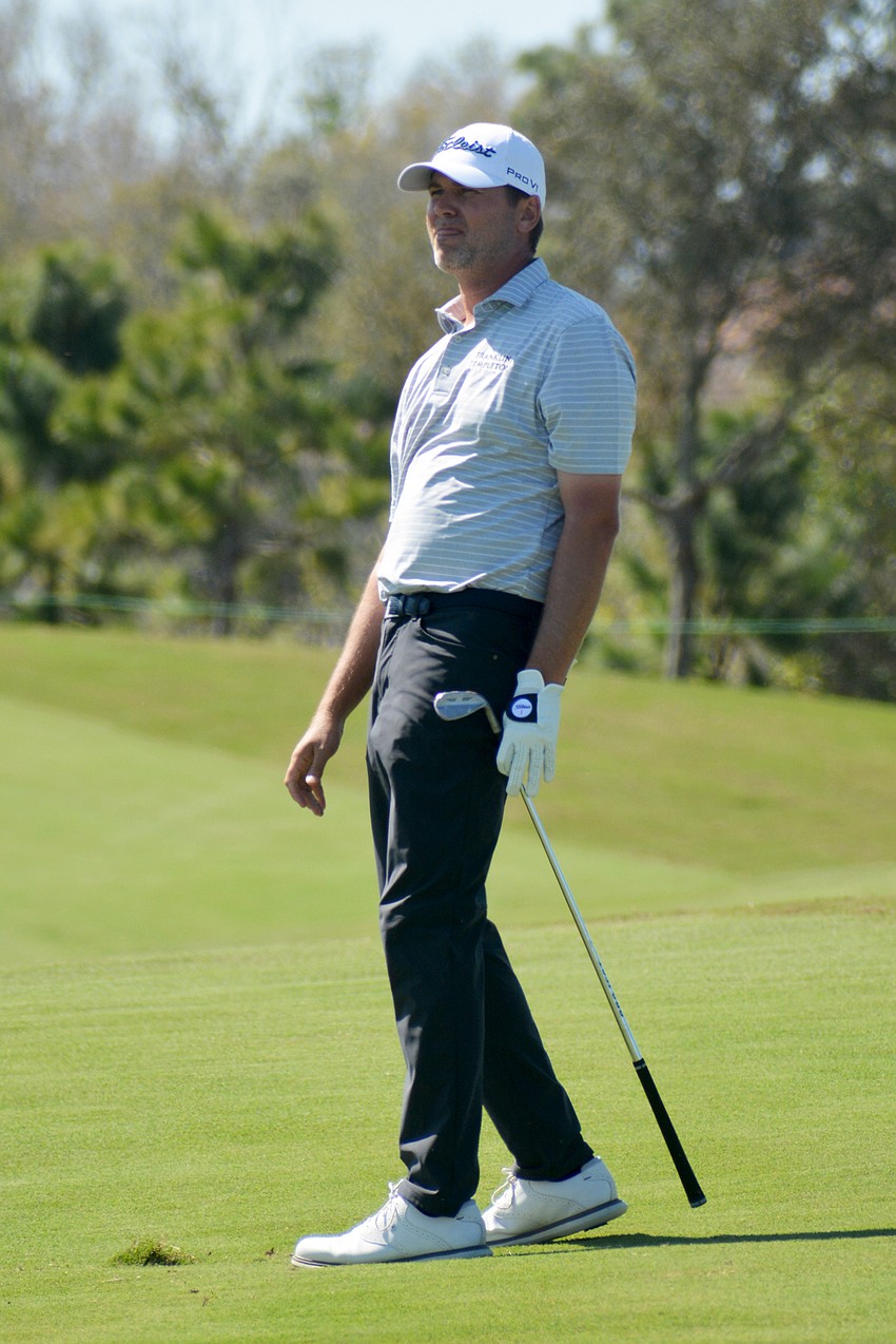 Sean O'Hair grimaces after his third shot on the No. 9 hole during the final round of the 2022 LECOM Suncoast Classic at Lakewood National Golf Club.