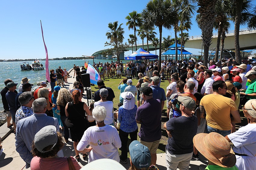 Hundreds gathered at the base of the Ringling bridge.