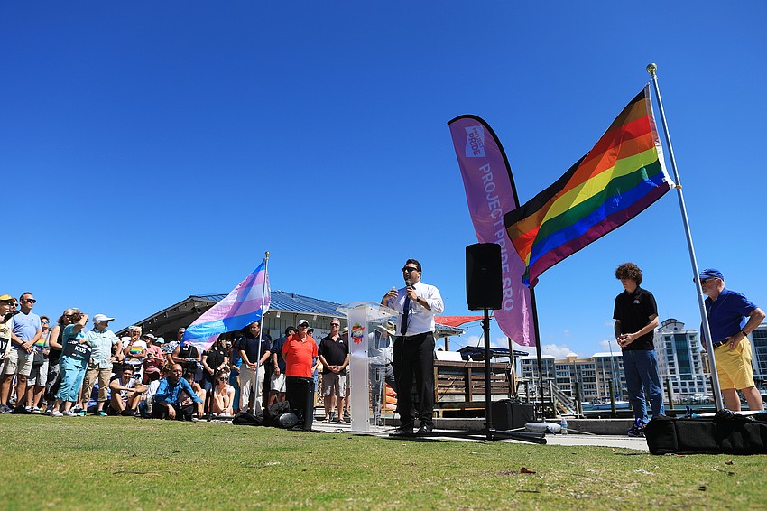 City commissioner Hagen Brody speaks to the audience.