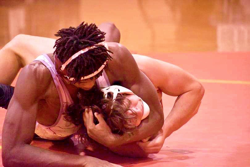 Braden River High junior Jessey Colas, works for a pin against Clearwater Central Catholic&#39;s Carson Schiavello. Colas won the Pirates&#39; Class 2A regional meet at 160 pounds. Courtesy photo.