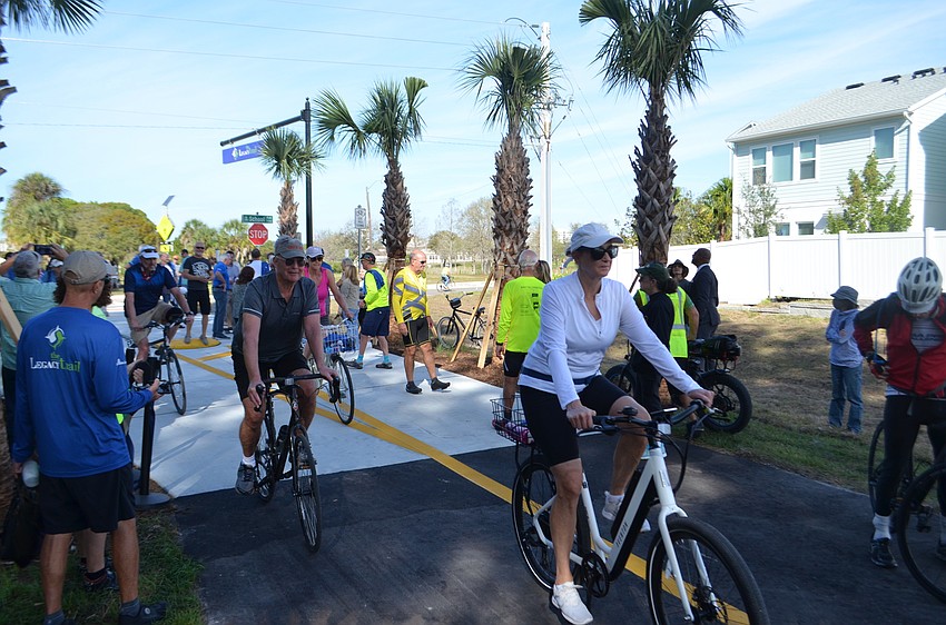 Cyclists starting to ride on Legacy Trail's Segment 3 for the first time.