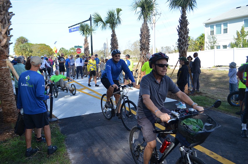 Cyclists starting to ride on Legacy Trail's Segment 3 for the first time.