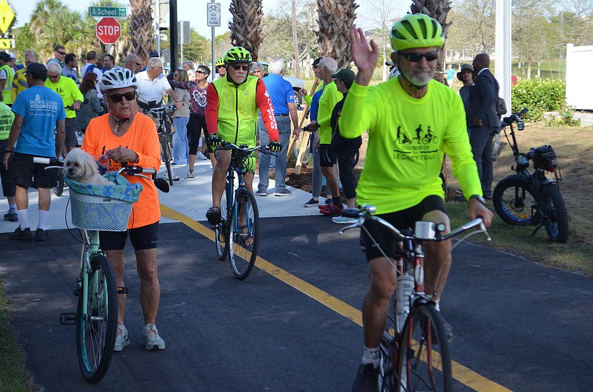 Cyclists starting to ride on Legacy Trail's Segment 3 for the first time.