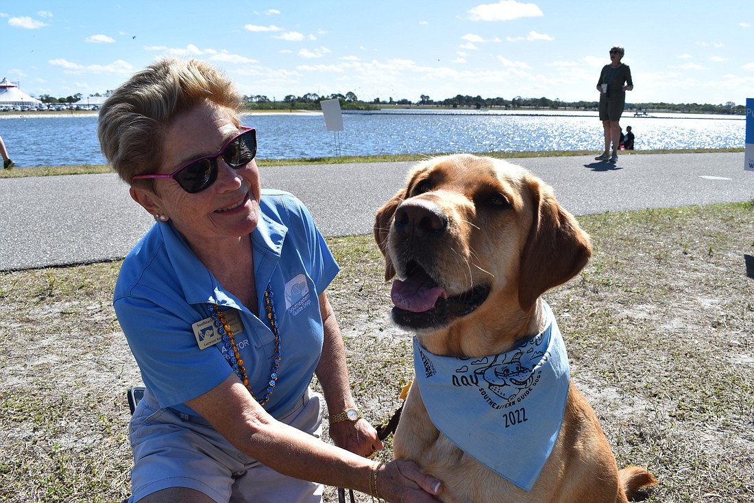 The Sarasota Polo Club mascot for 2020, Mason Chukker, gets a belly rub from Alex Jeanroy, the Lakewood Ranch co-area coordinator for Southeastern Guide Dogs.