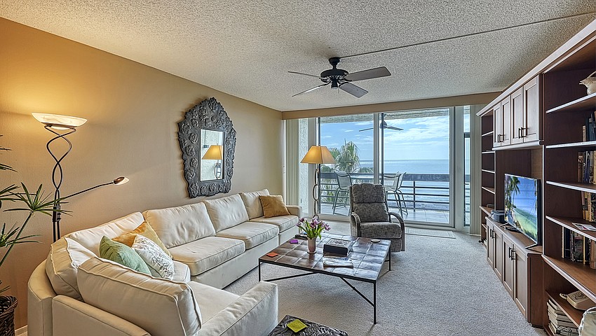 The living room overlooks the Gulf of Mexico.