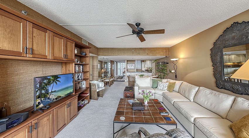 The living room overlooks the Gulf of Mexico.