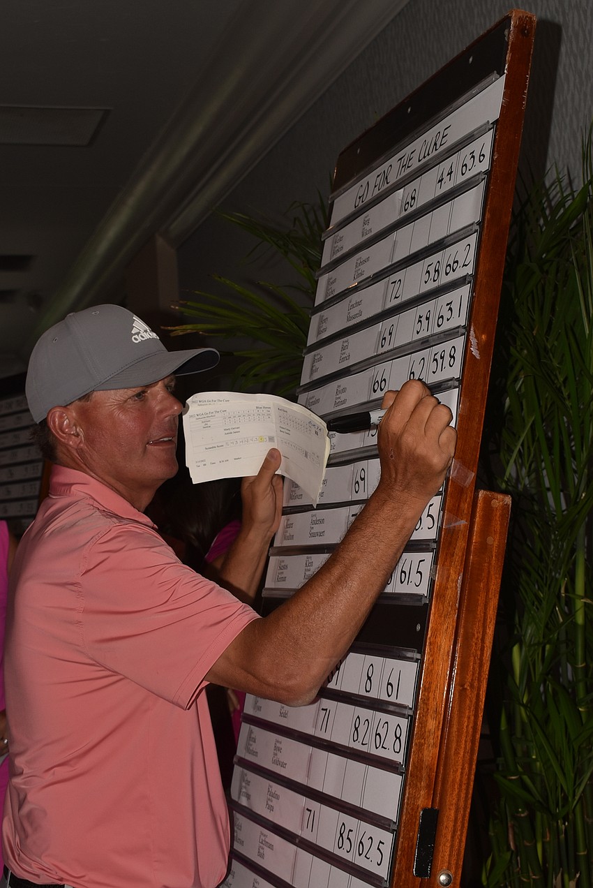 Terry O'Hara, also dressed in pink, rearranged the scores as they came in.