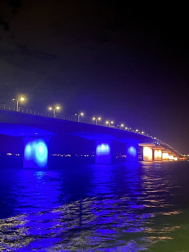 Ringling Bridge was first illuminated in the colors of Ukraine last week.