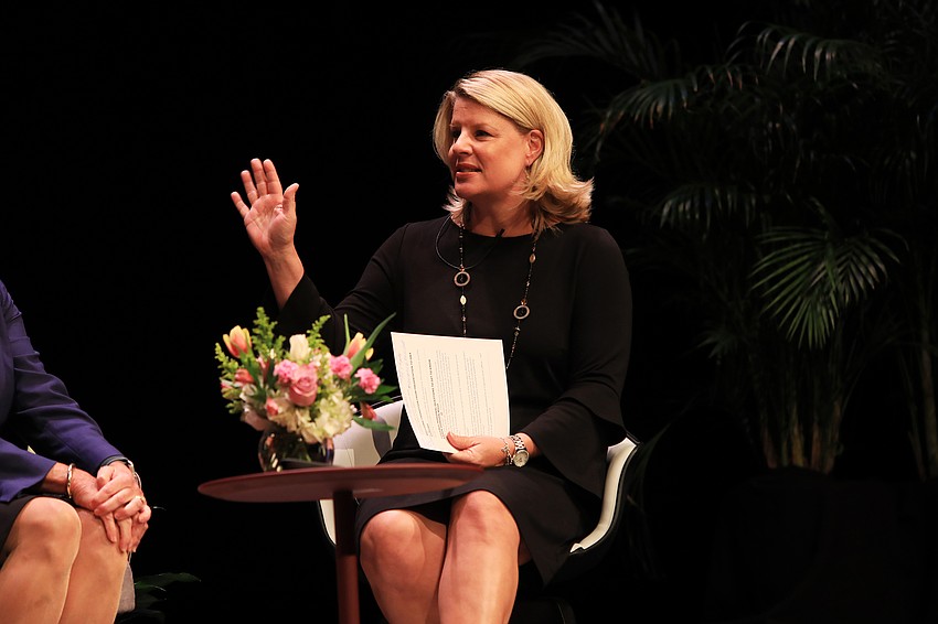 Manatee Chamber of Commerce president Jacki Dezelski interviews Karen Mills