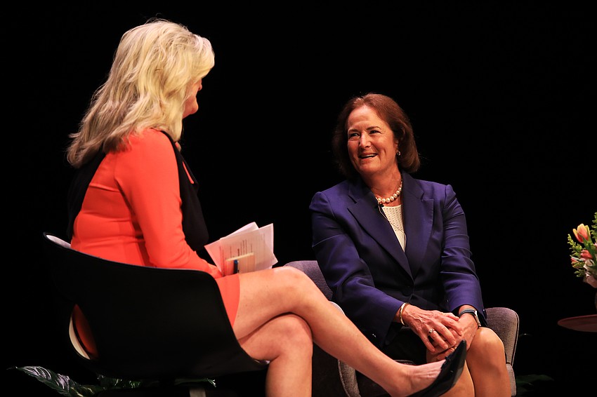 Karen Mills fields questions from Sarasota Chamber of Commerce president Heather Kasten.
