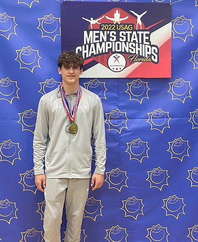 Jaden Blank won the Level 10 All-Around Championship (78.750) at the 2022 Florida Men&#39;s State Championships. Courtesy photo.