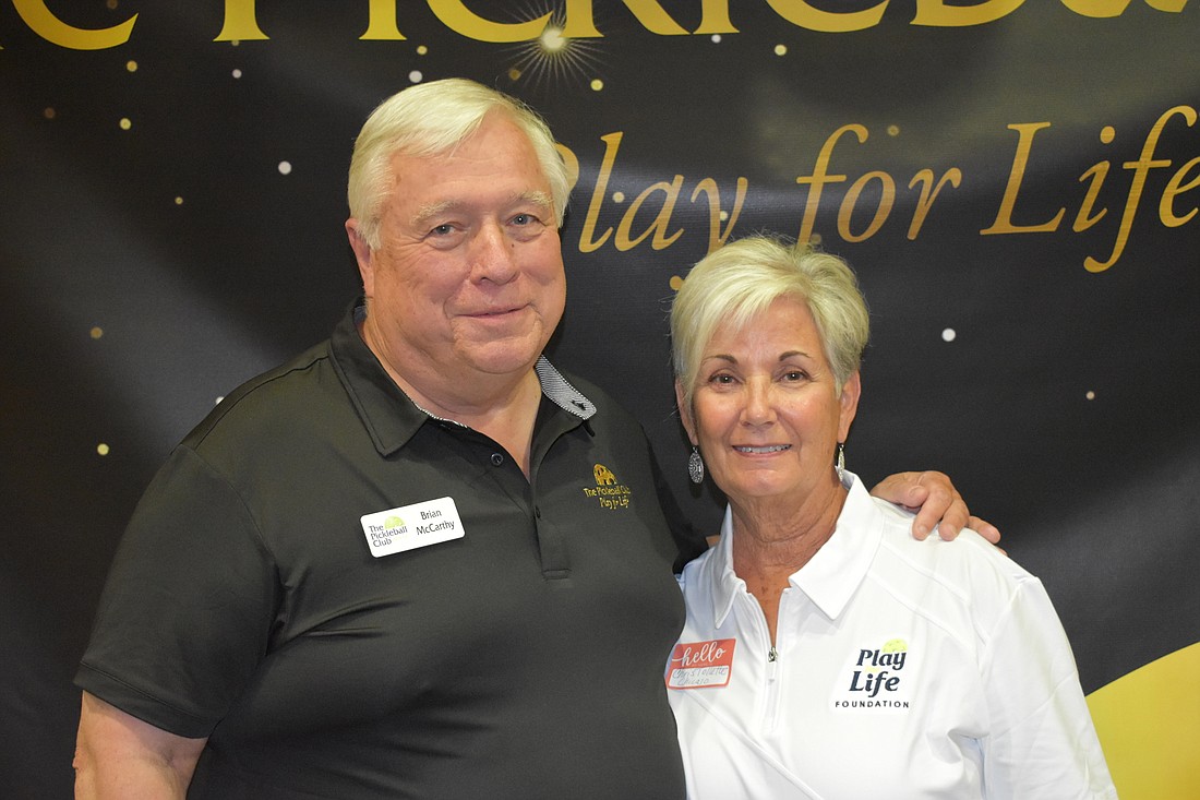 Brian McCarthy, founder and CEO of The Pickleball Club, and Christine Tollette, secretary of the Play for Life Foundation, attended the party at Gold Coast Eagle Distributing.