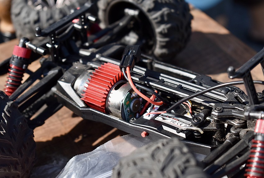 The inner workings of one of the radio-controlled cars.