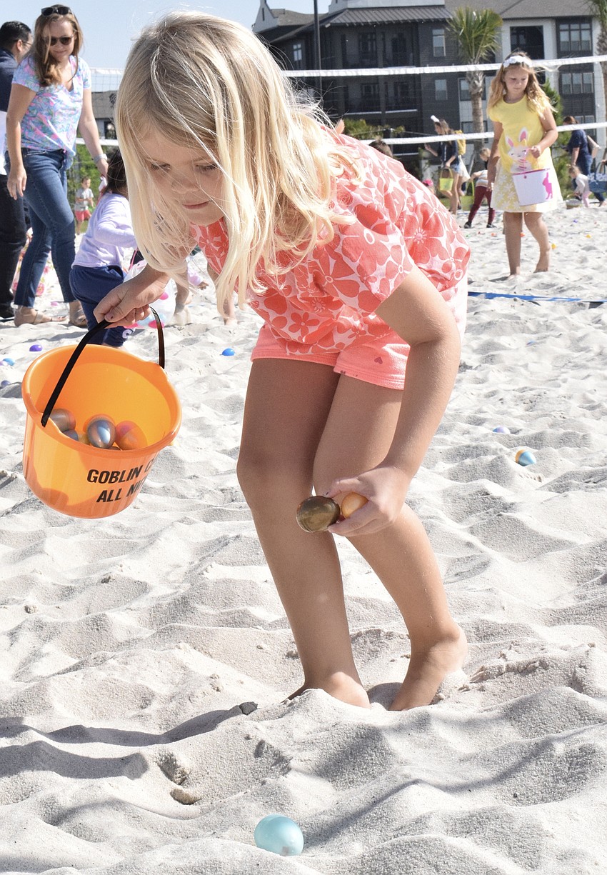 Waterside's Tilda Harrysson, who is 6 years old, quickly scoops up eggs.
