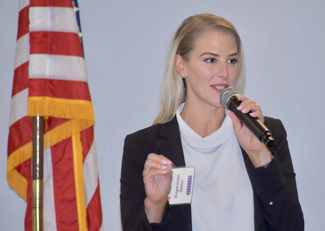 Sarasota School Board member Bridget Ziegler speaks to the Republican Club of Longboat Key on April 12, 2022.