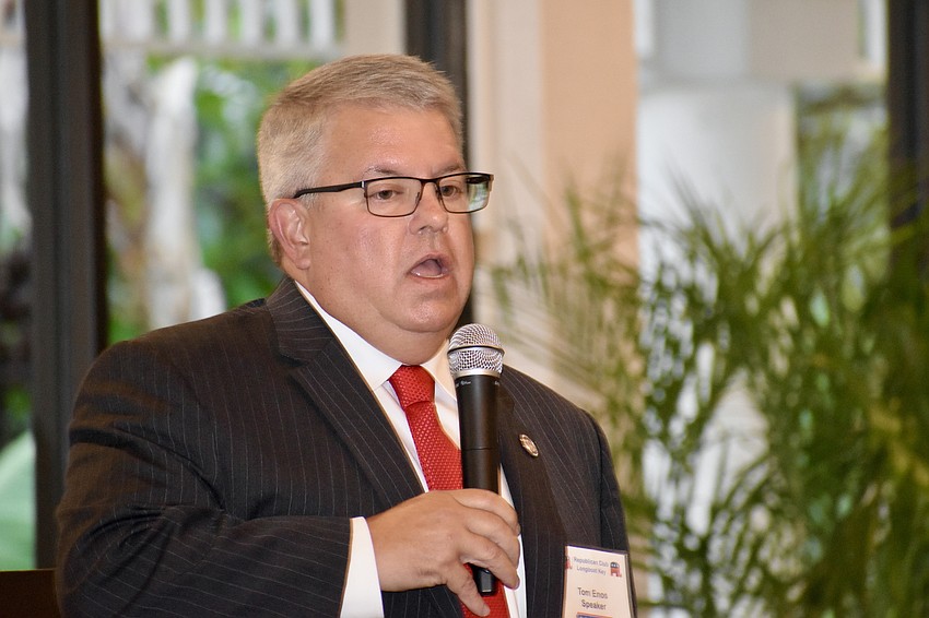 Sarasota School Board candidate Tim Enos speaks to the crowd.
