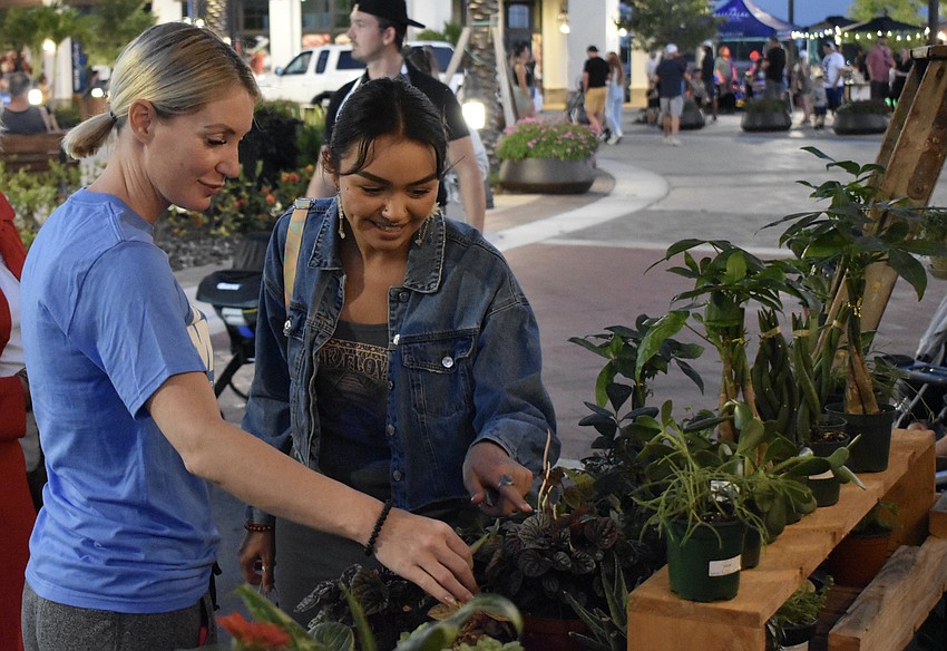 Heritage Harbour's Kimber Kettler and Sarasota's Alina Perez check out the plants at Fancy Leaf Plant Co. while they wait to eat at Korê Steakhouse.