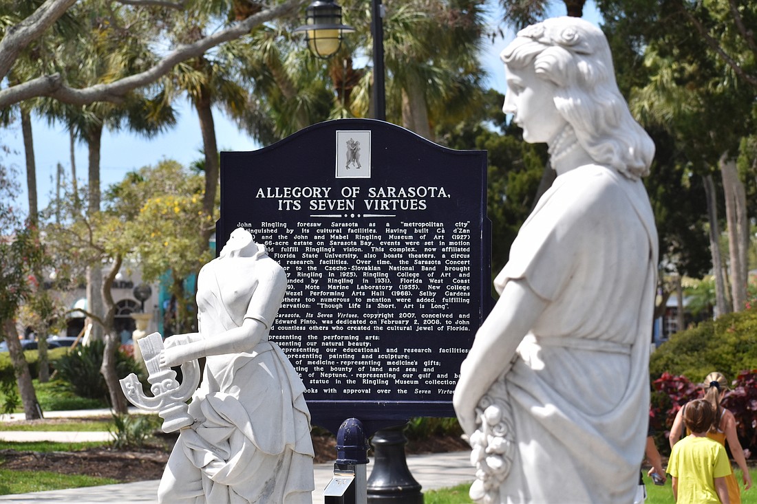 Music, one of seven statues illustrating the seven virtues of Sarasota, was damaged months ago. It stands alongside Flora on the eastern side of St. Armands Circle.