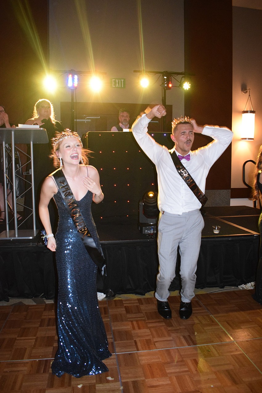 Seniors Jacsyn Hockenbury and David Kochaniec celebrate being named prom queen and king.