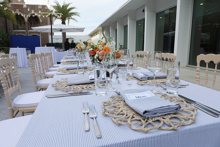 The evening's dinner had a blue color scheme in honor of the ambassadors.