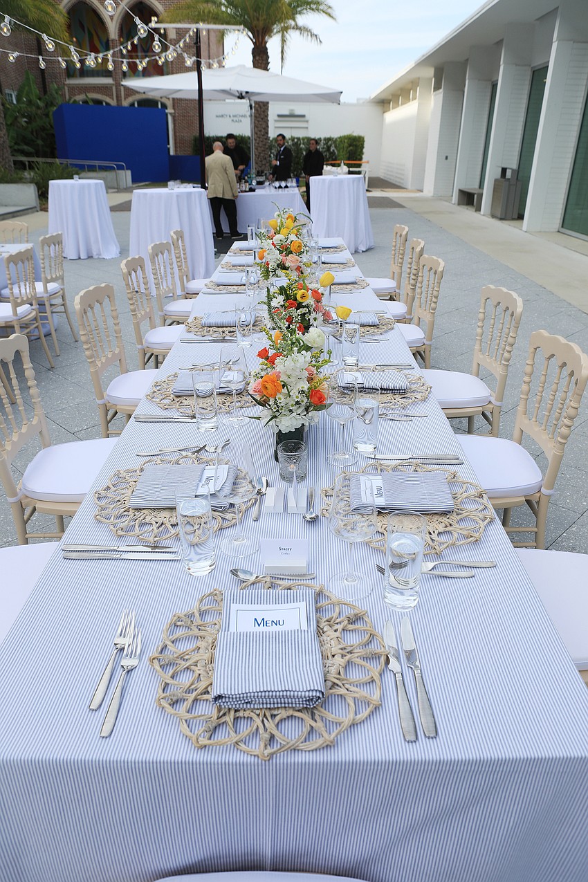 The evening's dinner had a blue color scheme in honor of the ambassadors