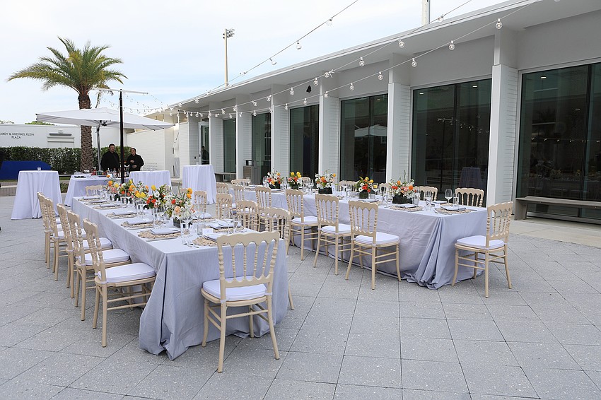 The evening's dinner had a blue color scheme in honor of the ambassadors.