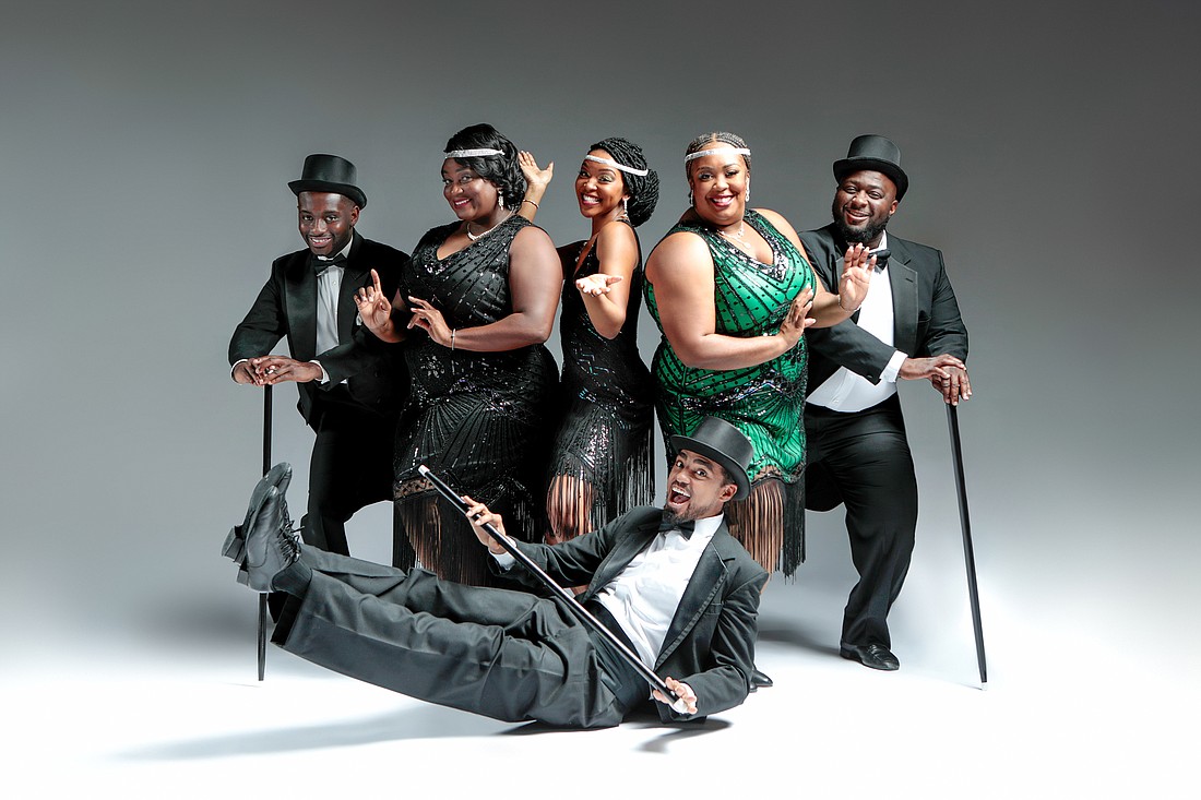 The cast for WBTTâ€™s â€˜Broadway in Blackâ€™ includes (standing, l-r) Stephen White Jr., Syreeta S. Banks, Katherine Taylor, Ariel Blue and Leon S. Pitts; (floor) Michael Mendez  (Photo by Sorcha Augustine)