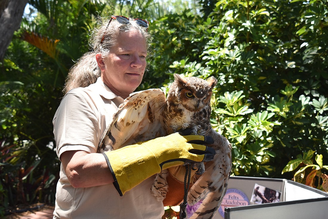Krista Carpenter from Wildlife, Inc. works with Athena, a rescued owl.