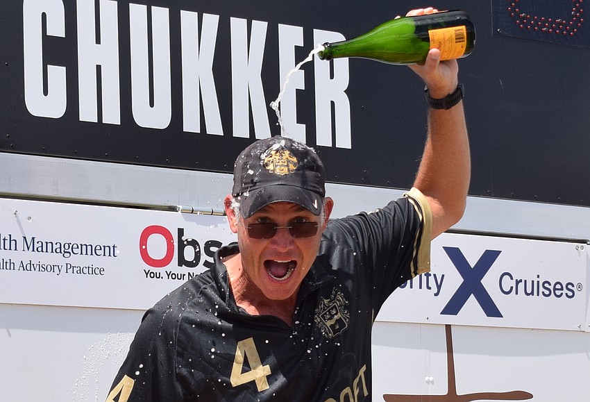 James Miller celebrates his six-goal performance in Hillcroft's 11-9 victory over Regent in the Sarasota Polo Club's season finale. Miller was named the tourney's MVP.