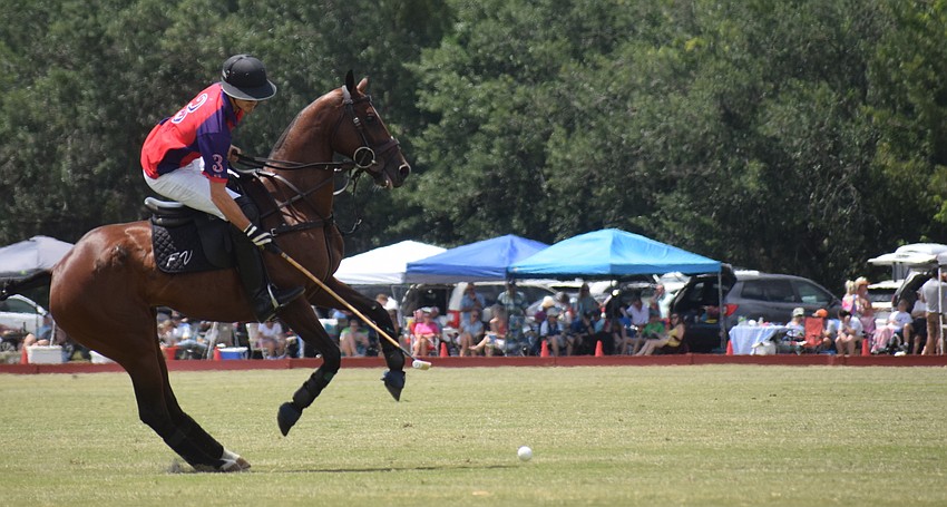 Regent's Felipe Viana puts on the breaks to take a shot against Hillcroft at the Sarasota Polo Club.