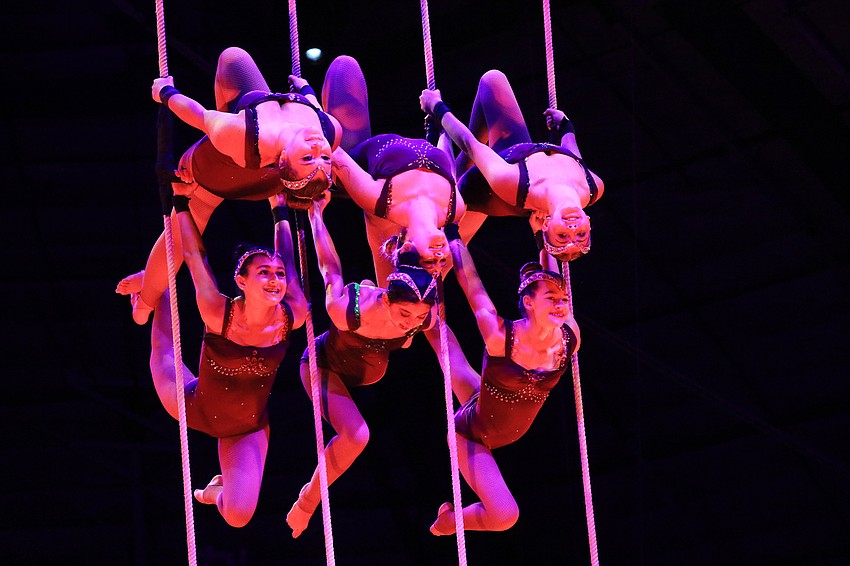 Trapeze artists lock in together.