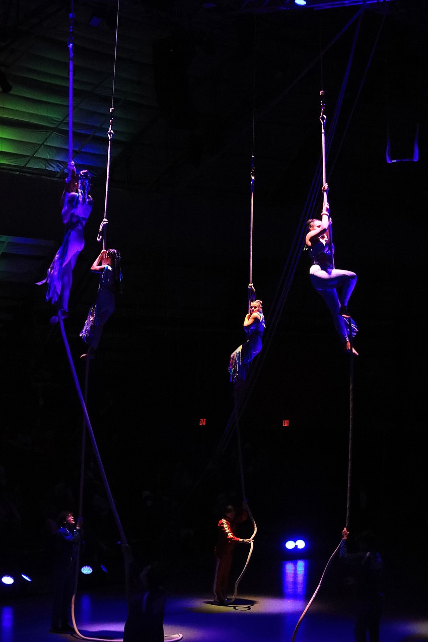Spanish Web performers hang from above.